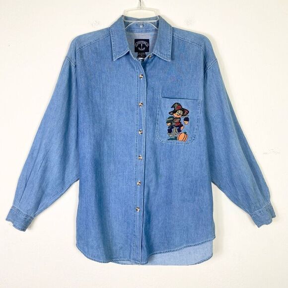 Vintage Solutions Chambray Denim Fall Halloween Scarecrow Pumpkin Button Up Sz M - Picture 1 of 8